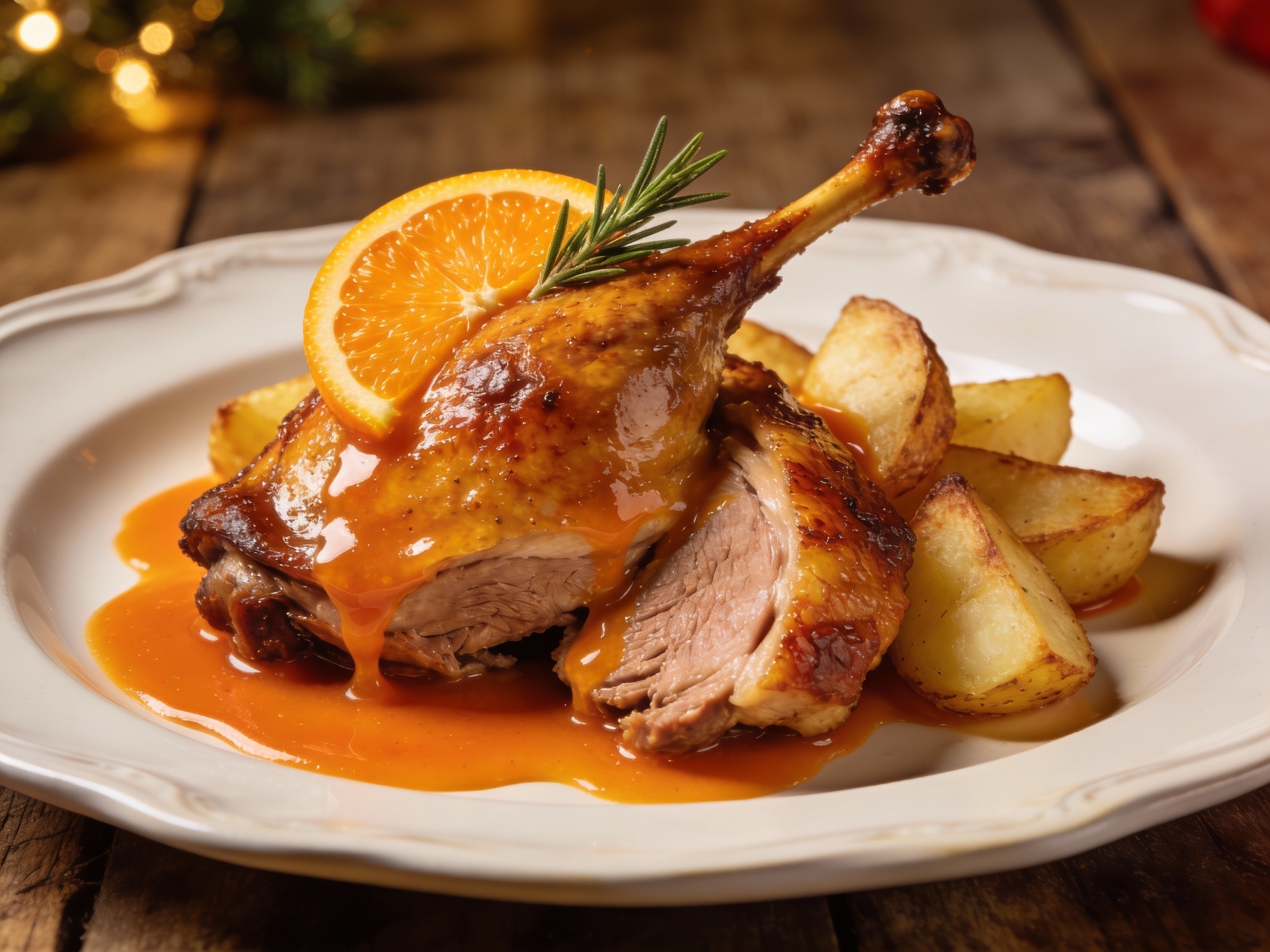 Oie rôtie aux pommes de terre et sauce à l'orange