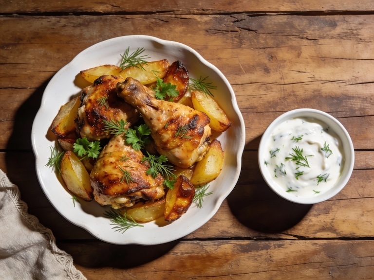 Poulet rôti aux pommes de terre, sauce yaourt-moutarde au citron