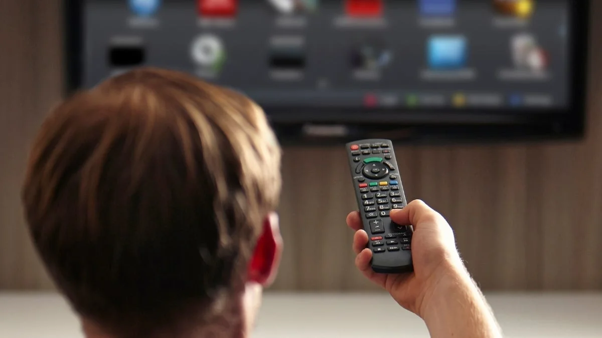 Personne avec télécommande pointant vers la télévision, vue de dos