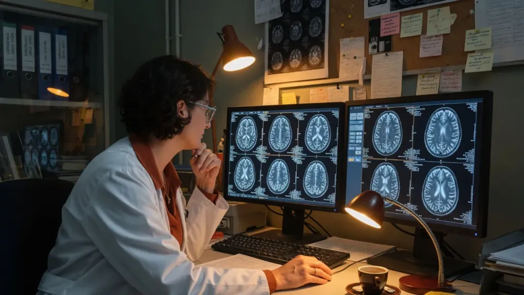 Radiologue examinant des IRM cérébrales sur un poste de lecture