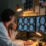 Radiologue examinant des IRM cérébrales sur un poste de lecture