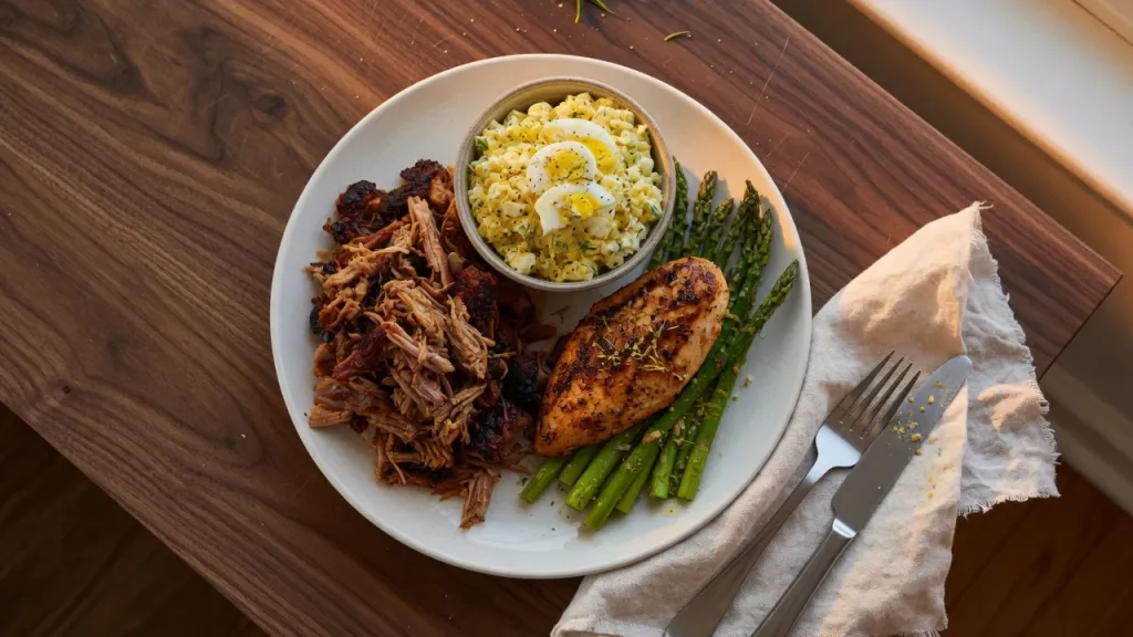 Assiette de repas cétogène avec porc effiloché, salade aux œufs, poulet grillé et asperges