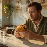 Homme dans un café tenant un cheeseburger, illustration d'une envie d'aliments gras