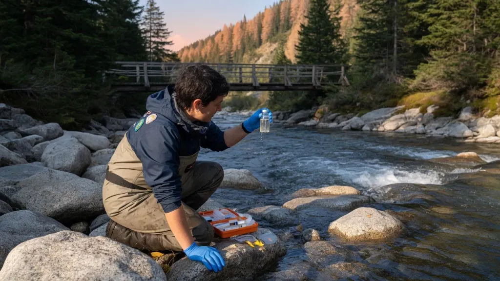 Scientifique prélevant un échantillon d’eau dans une rivière de montagne