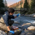 Scientifique prélevant un échantillon d’eau dans une rivière de montagne