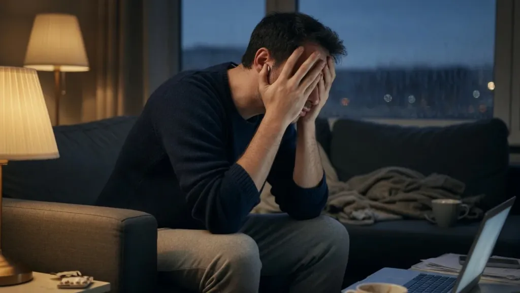 Homme épuisé assis sur un canapé, les mains sur le visage après un manque de sommeil