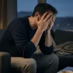 Homme épuisé assis sur un canapé, les mains sur le visage après un manque de sommeil