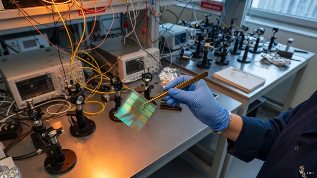 Pince tenant un film mince dans un laboratoire d'optique