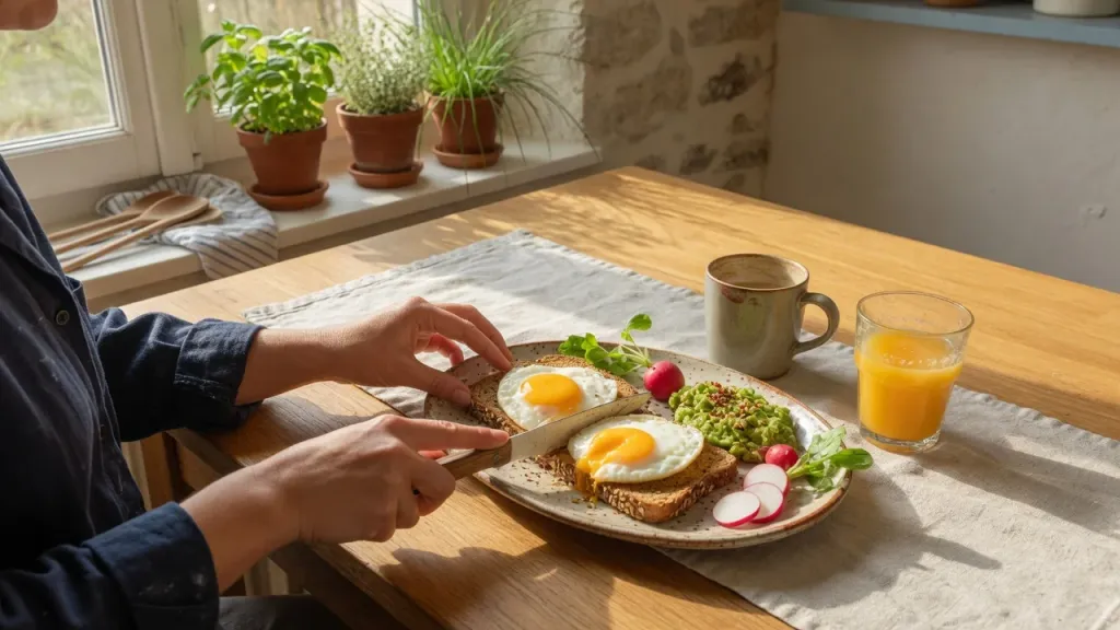 Personne prenant un petit-déjeuner d'oeufs sur toast avec avocat dans une cuisine ensoleillée