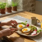 Personne prenant un petit-déjeuner d'oeufs sur toast avec avocat dans une cuisine ensoleillée