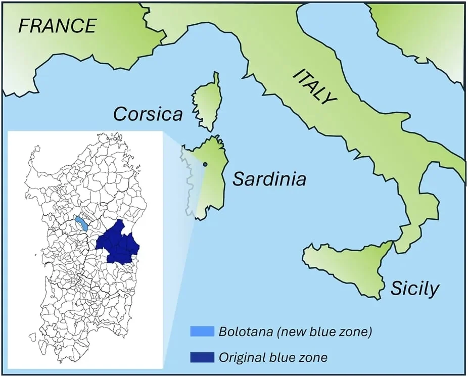 Carte de Bolotana et de la Blue Zone sarde d'origine