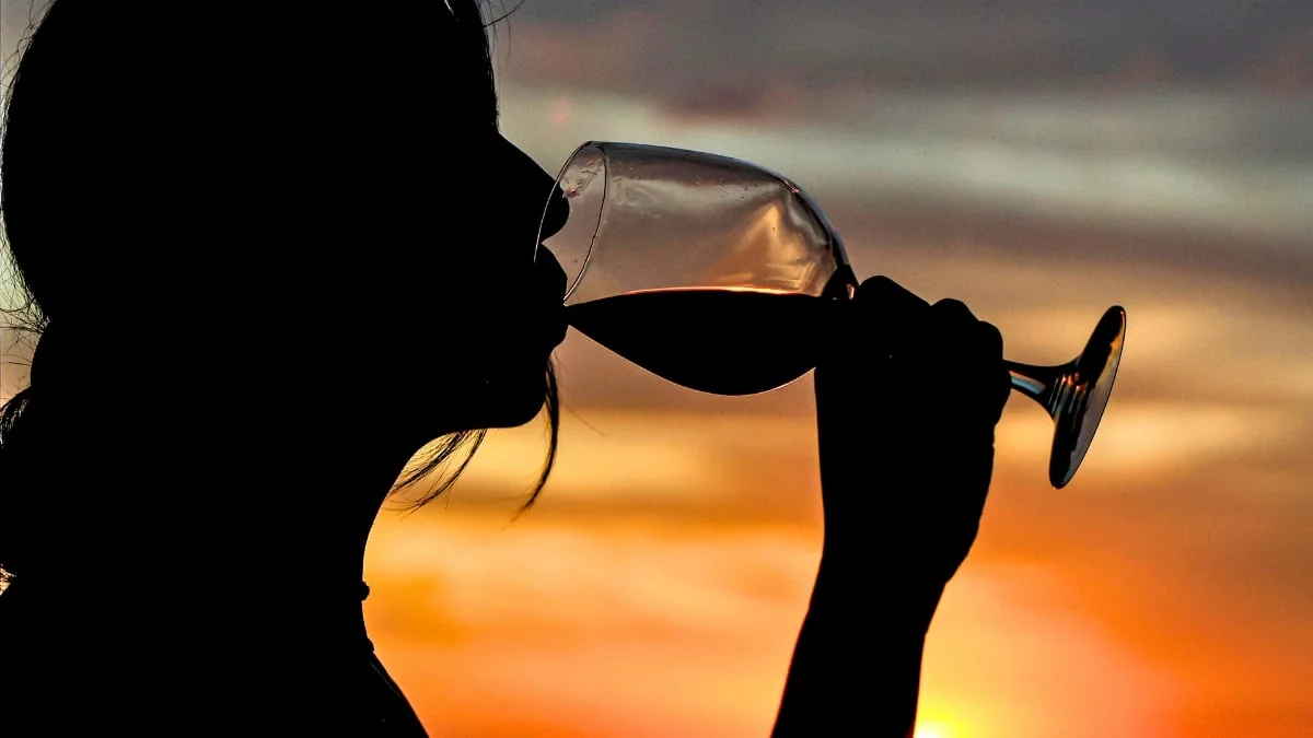 Silhouette d'une femme buvant un verre de vin au coucher du soleil