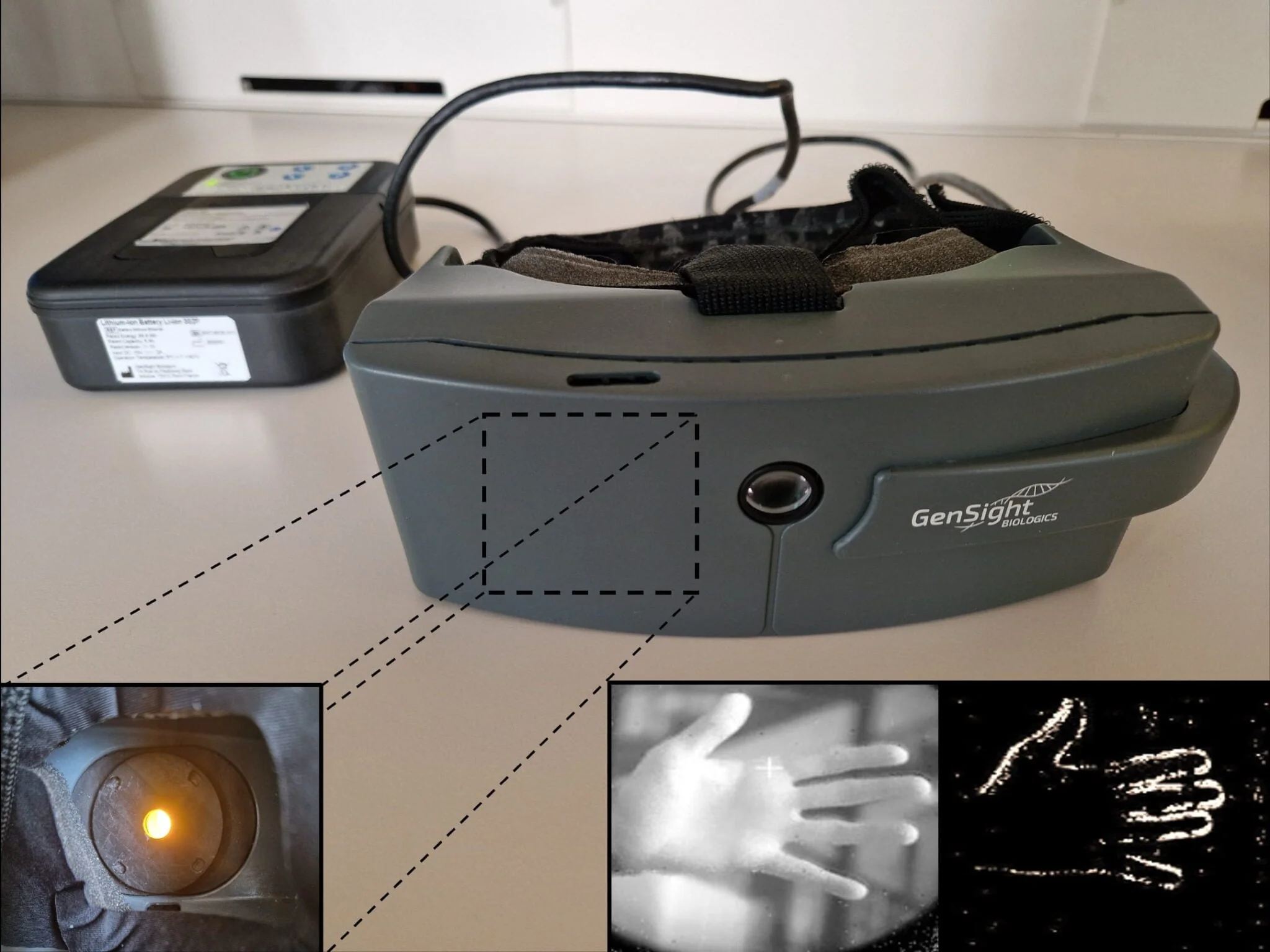 Lunettes spéciales reliées à un processeur portable, avec des encarts du projecteur et d'une main convertie en motif lumineux.
